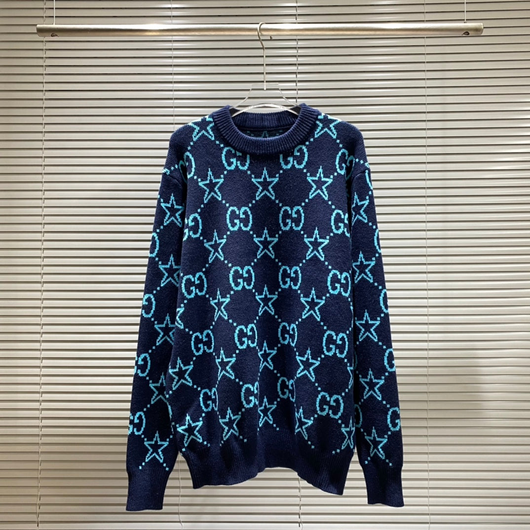 Round neck sweater with five-pointed stars and double G letters jacquard