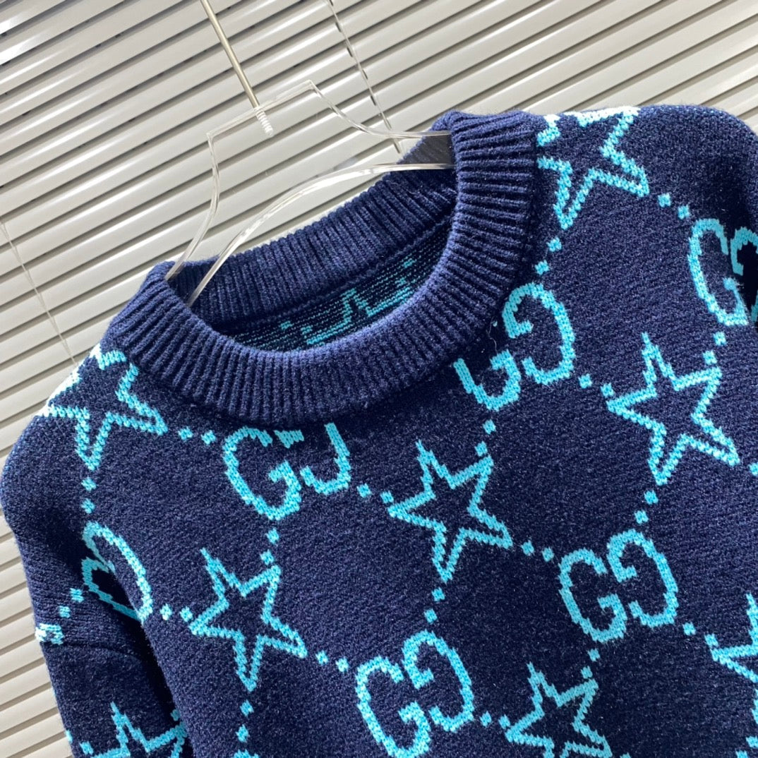 Round neck sweater with five-pointed stars and double G letters jacquard