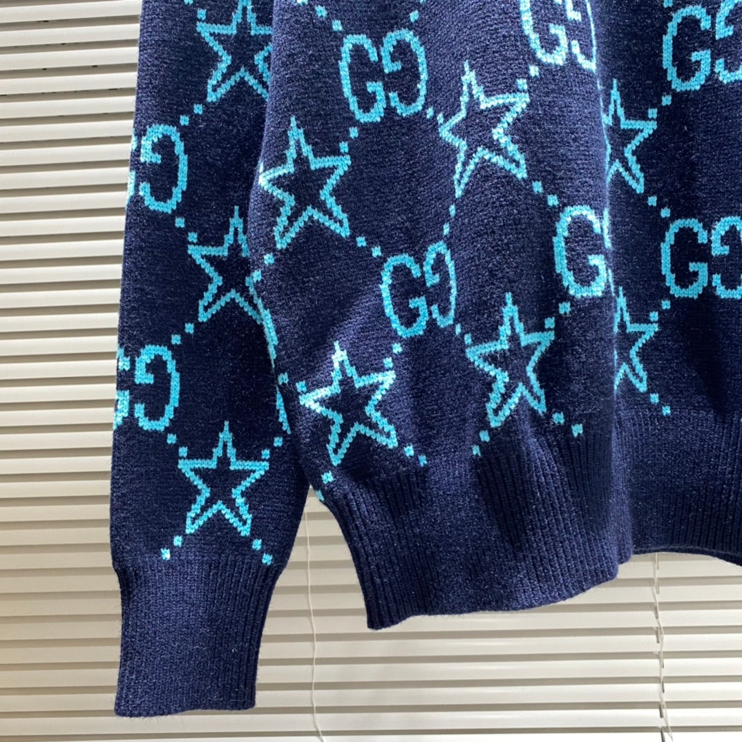 Round neck sweater with five-pointed stars and double G letters jacquard