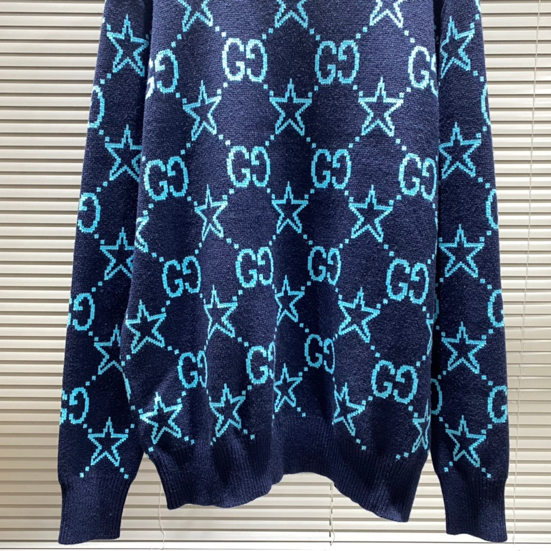 Round neck sweater with five-pointed stars and double G letters jacquard