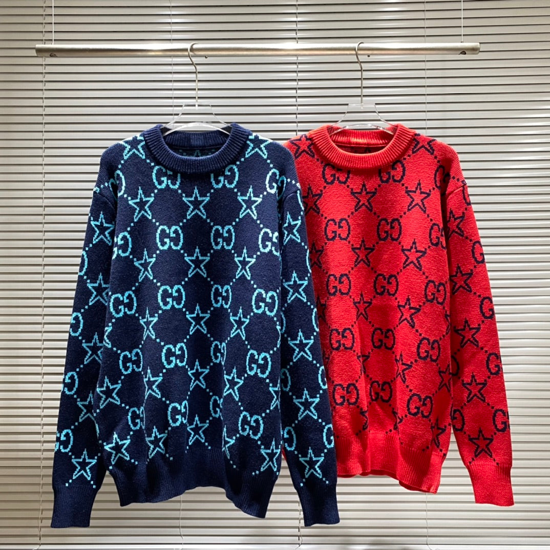 Round neck sweater with five-pointed stars and double G letters jacquard