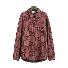 Red plaid wool, cotton and linen jacquard long-sleeved shirt