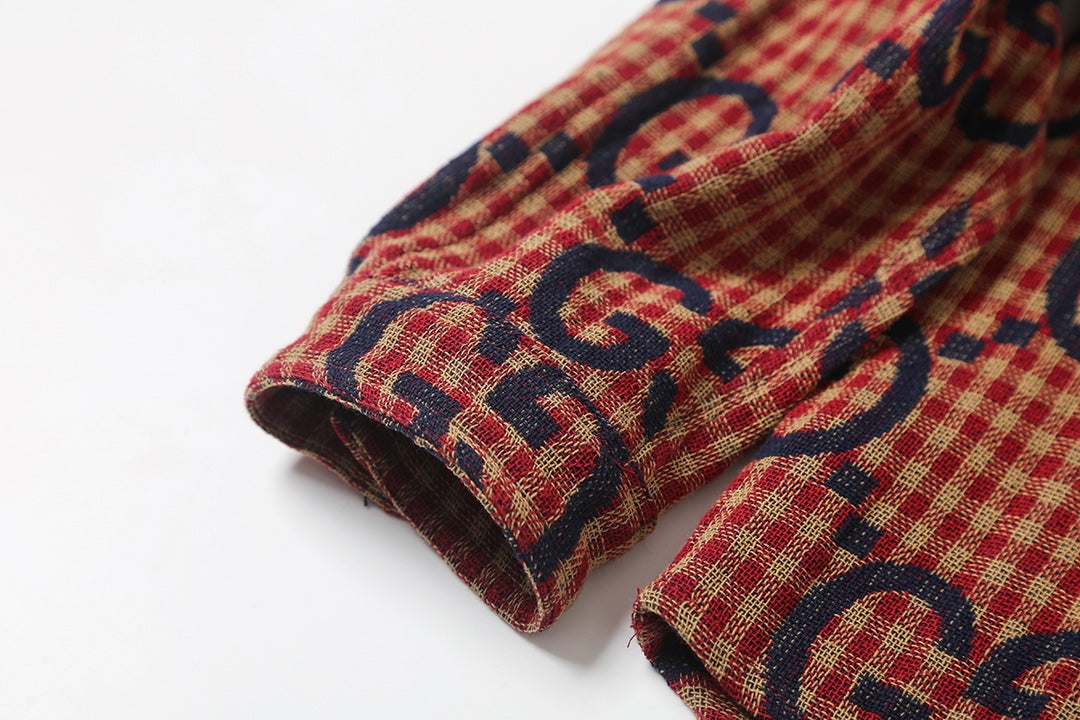 Red plaid wool, cotton and linen jacquard long-sleeved shirt