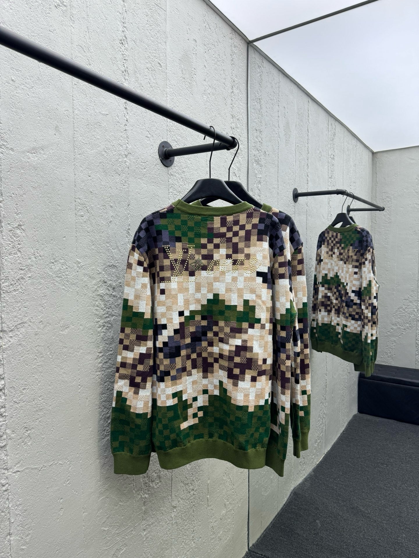 Camouflage Green Checkered Knit Sweater