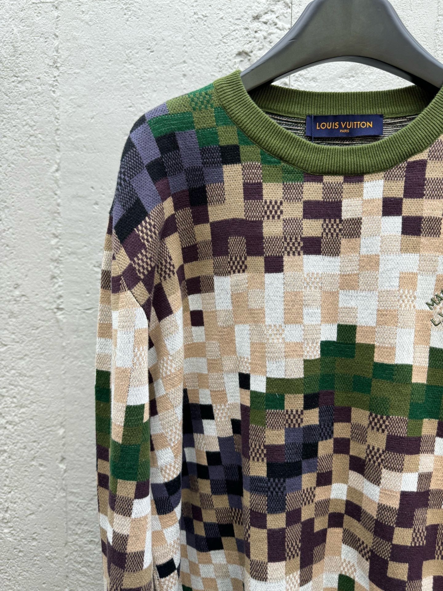 Camouflage Green Checkered Knit Sweater