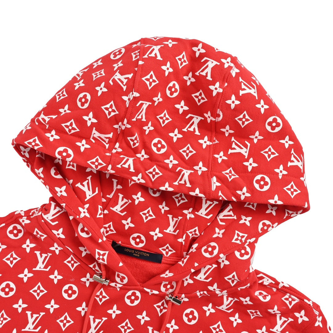 Joint style all-over printed presbyopic red hooded sweatshirt