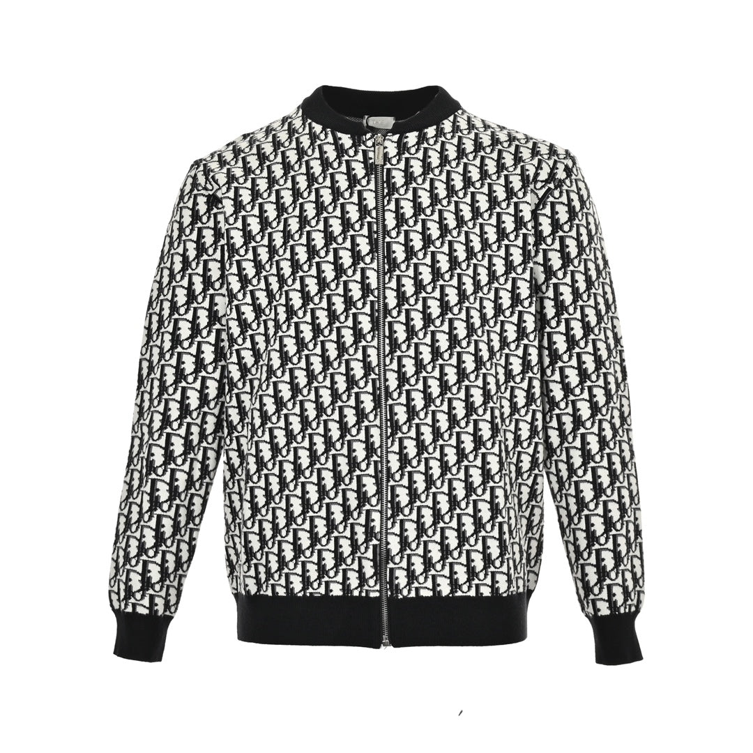 Allover printed jacquard zipper sweater cardigan